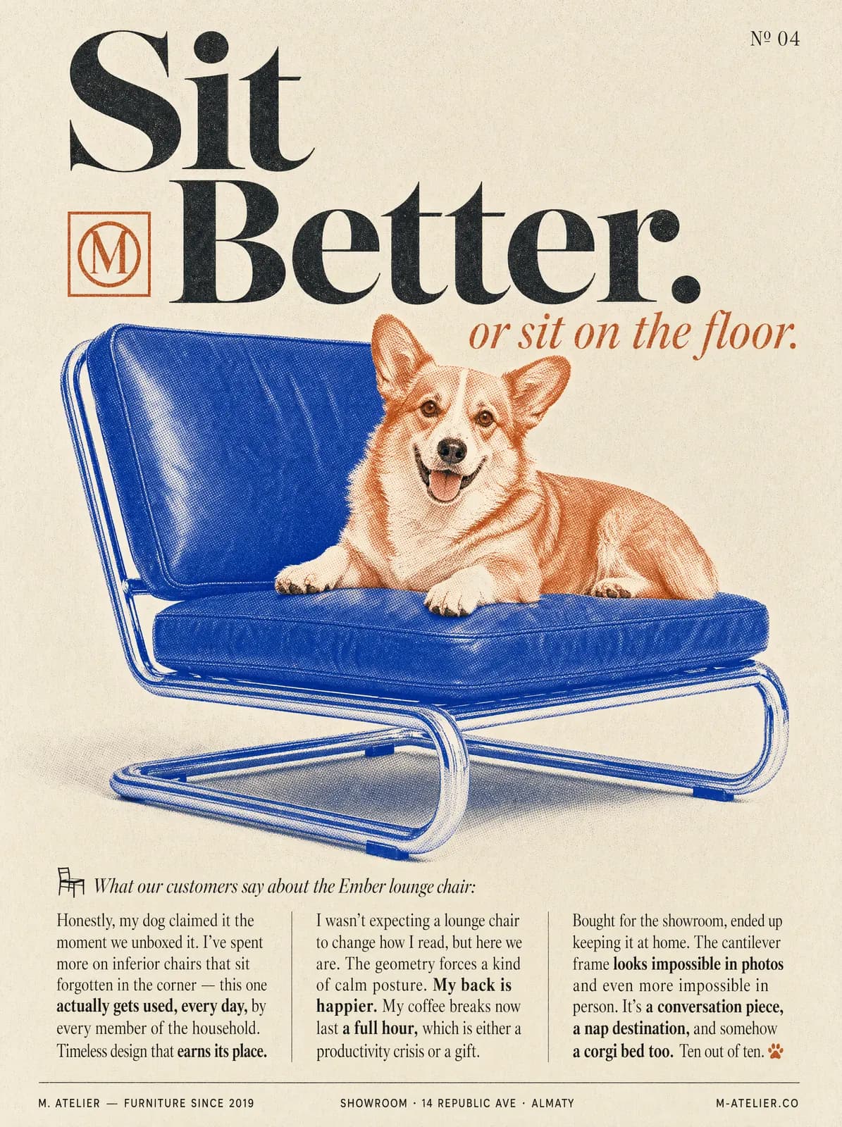 Editorial furniture ad: a corgi lounges on a blue leather chair under the headline “Sit Better.”