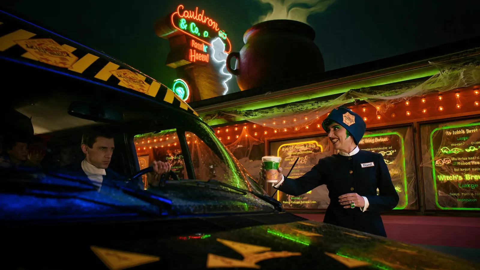 A witch-themed drive-thru at night under a neon cauldron sign; a server in a navy uniform hands a green drink to a driver