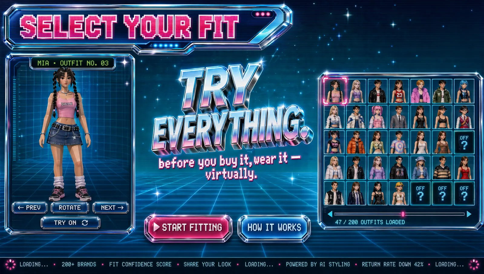 Neon retro game-style interface for a virtual fitting room, with an avatar, an outfit grid and a “Try everything” headline