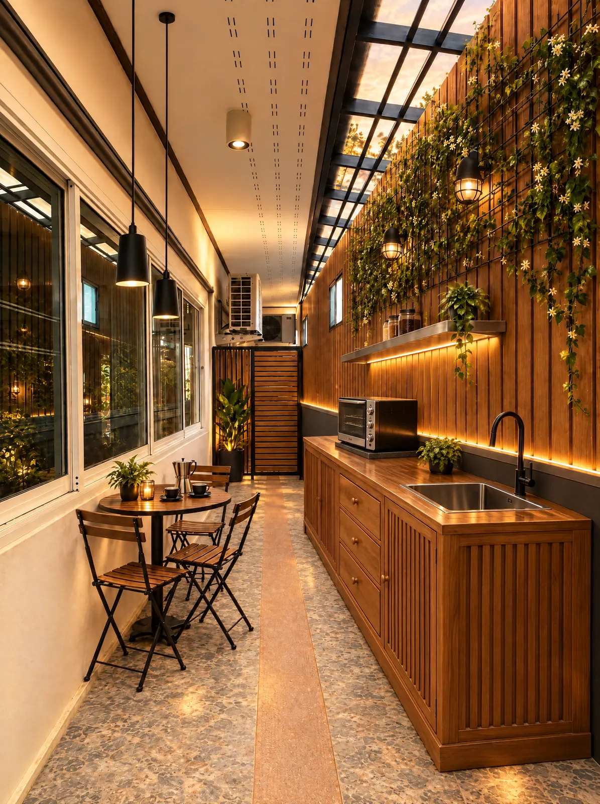 A narrow, warmly lit café with wood panelling, hanging plants and a small bistro table by the window