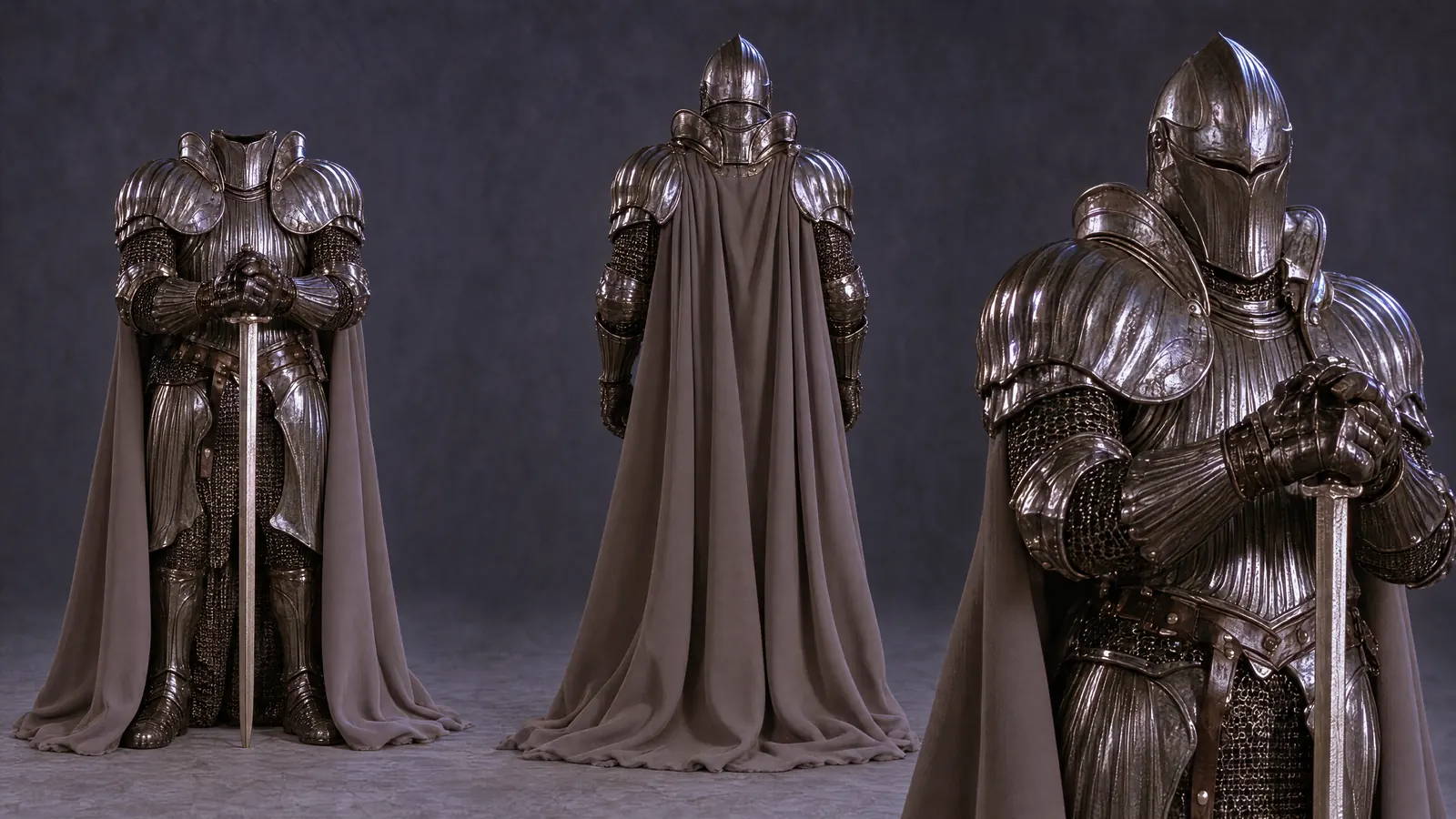 Character sheet of a knight in dark plate armour and a long cape, shown from the front, back and three-quarter view
