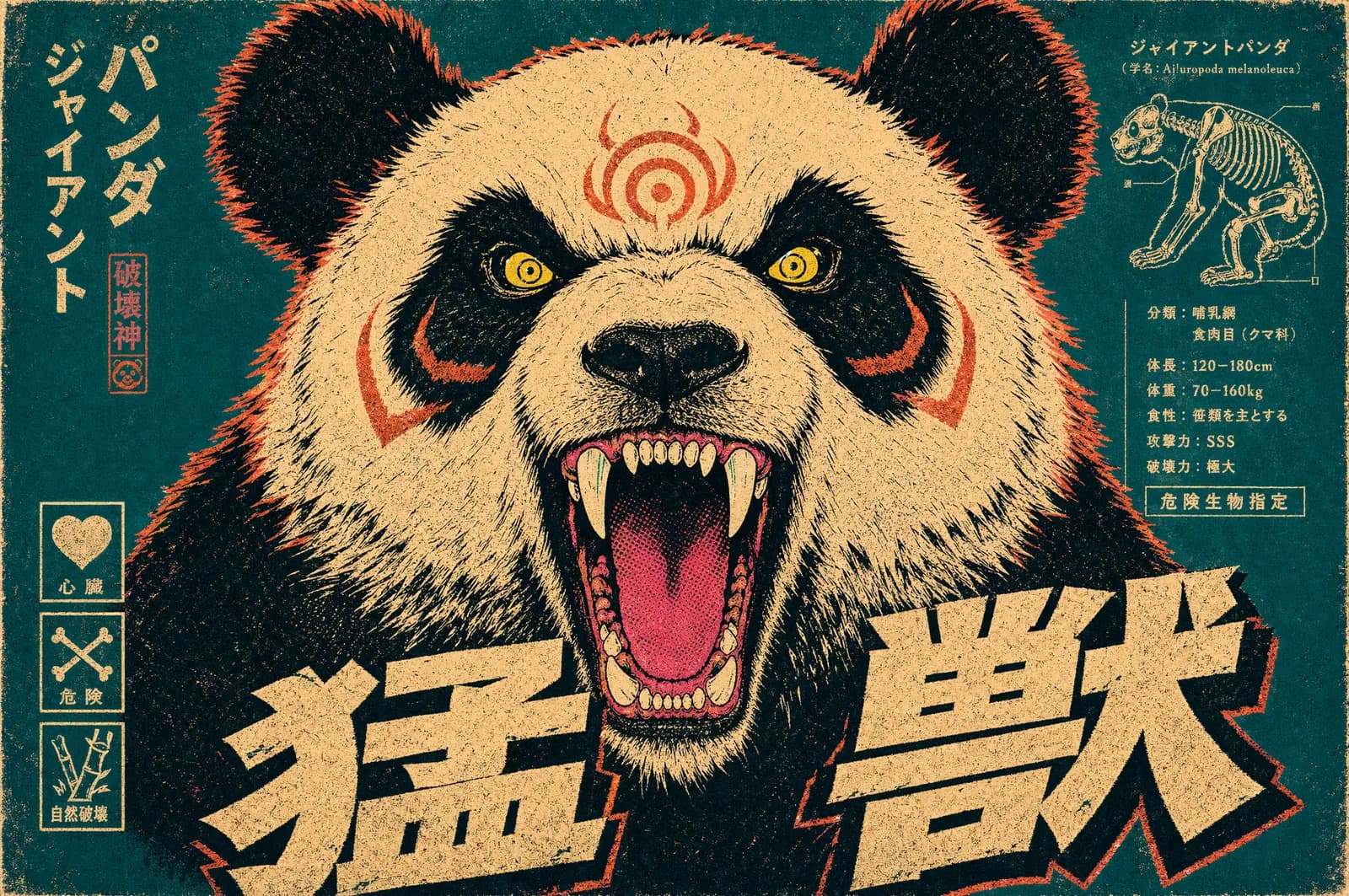 Vintage Japanese-style poster of a roaring giant panda in cream, teal and red with bold kanji lettering