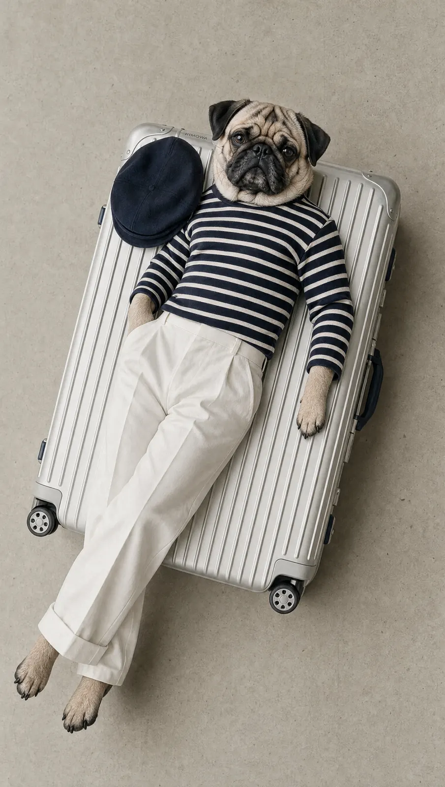 A pug dressed in a striped top and white trousers lies on a silver suitcase, a beret beside it