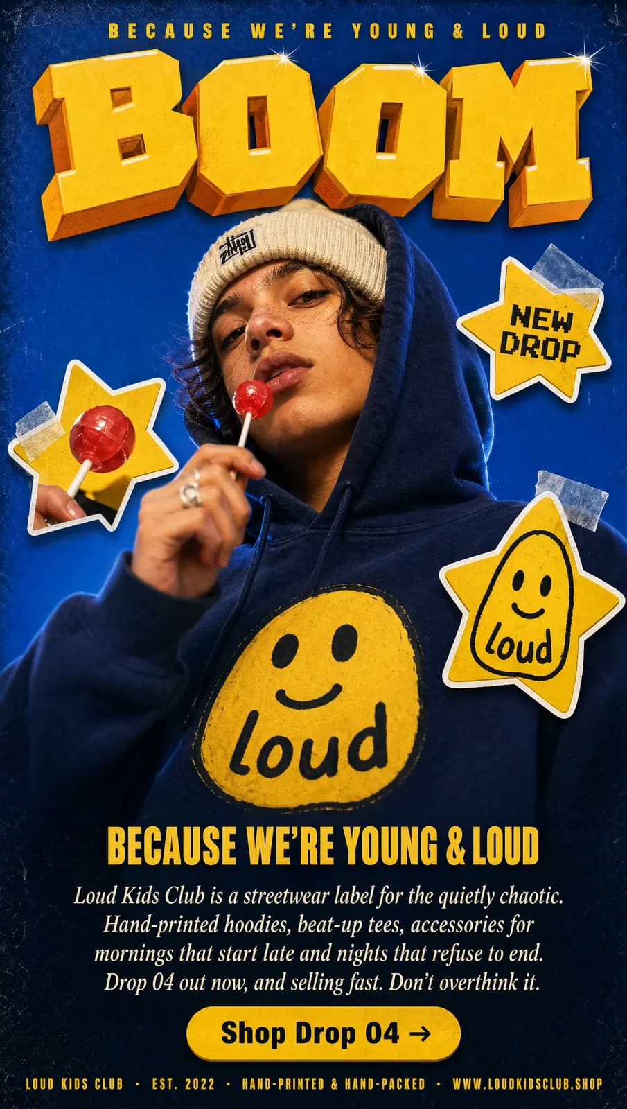 Streetwear drop poster: a teen in a navy smiley hoodie holds a lollipop beneath bold yellow “BOOM” lettering