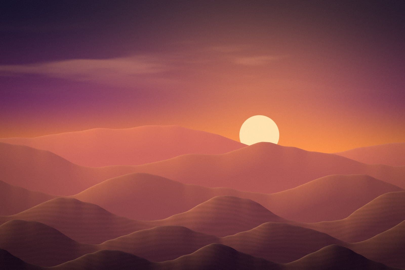 Edited: Layered sand dunes under a violet-to-orange dusk sky with a low, pale sun