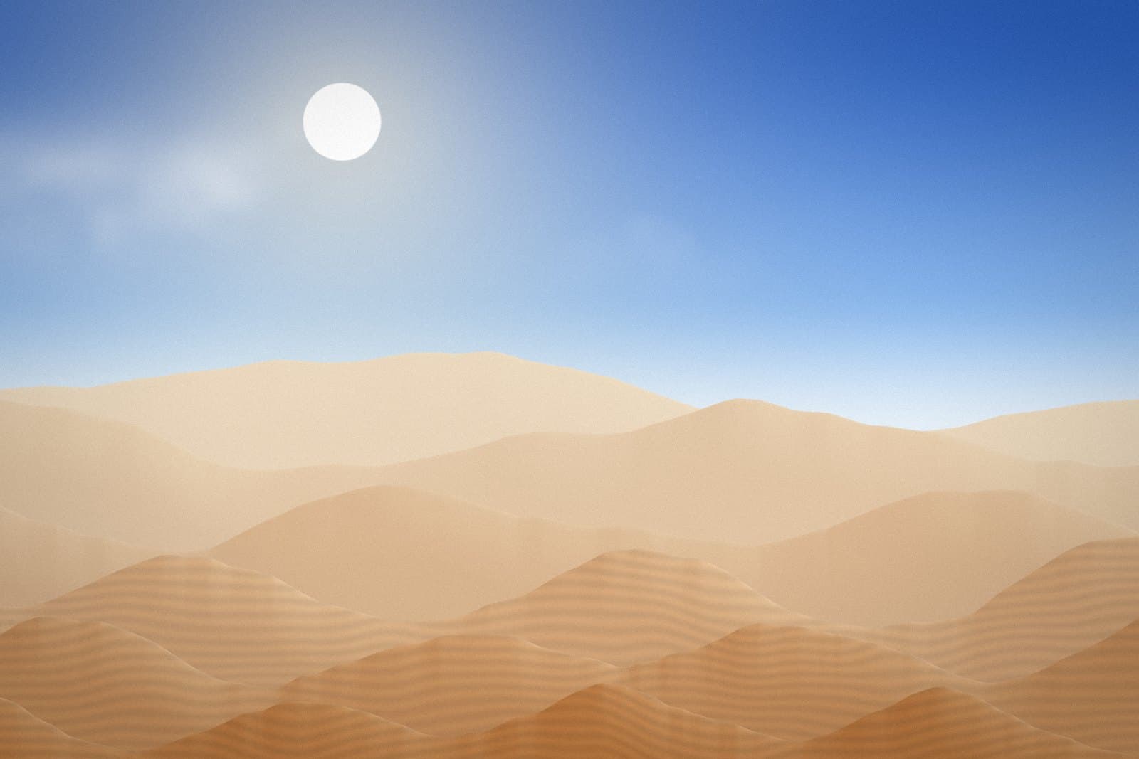 Original: The same dune landscape at midday, with pale sand and a clear blue sky